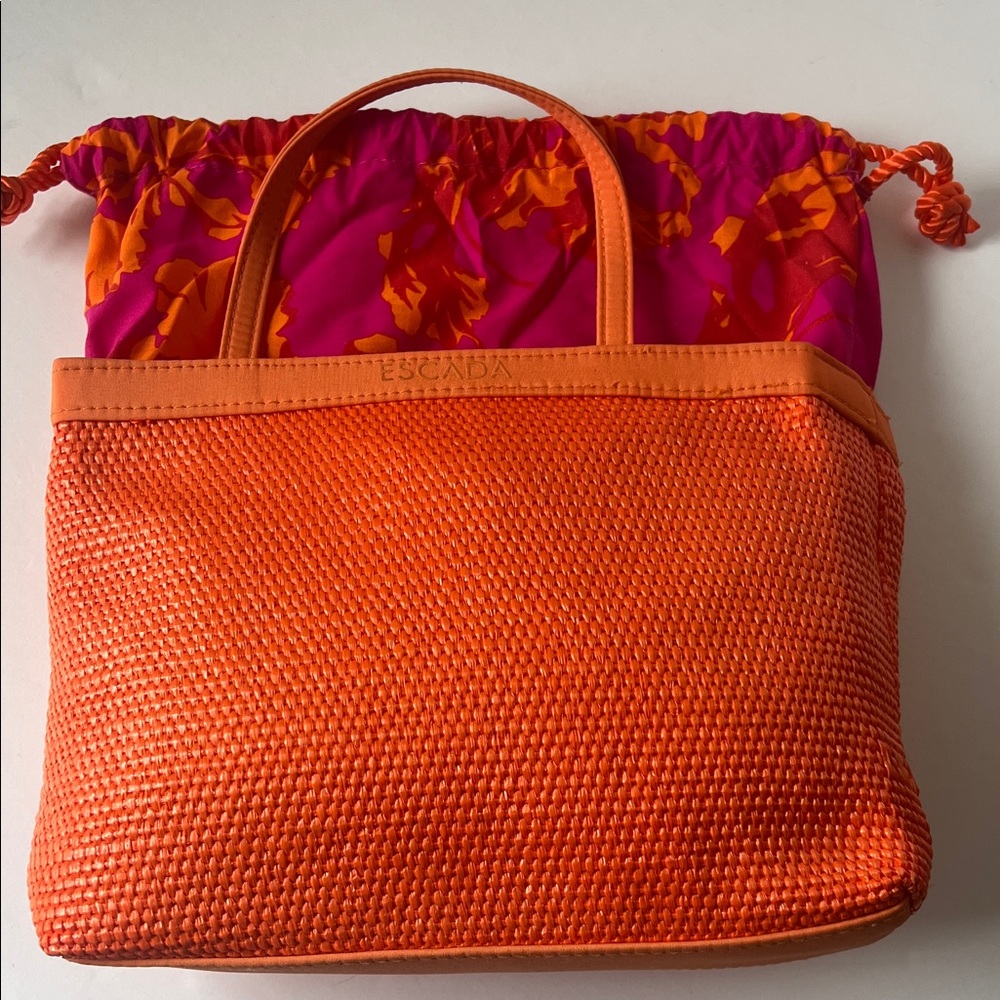 Escada Orange Woven Tote with Pink Drawstring Liner - Picture 14 of 15